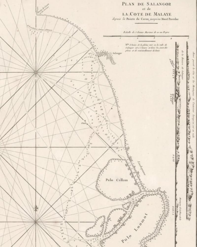 Engraved 18th-century sea chart of the Selangor coast, showing the Selangor river mouth and the islands of Pulo Callam and Pulo Loomot off Klang