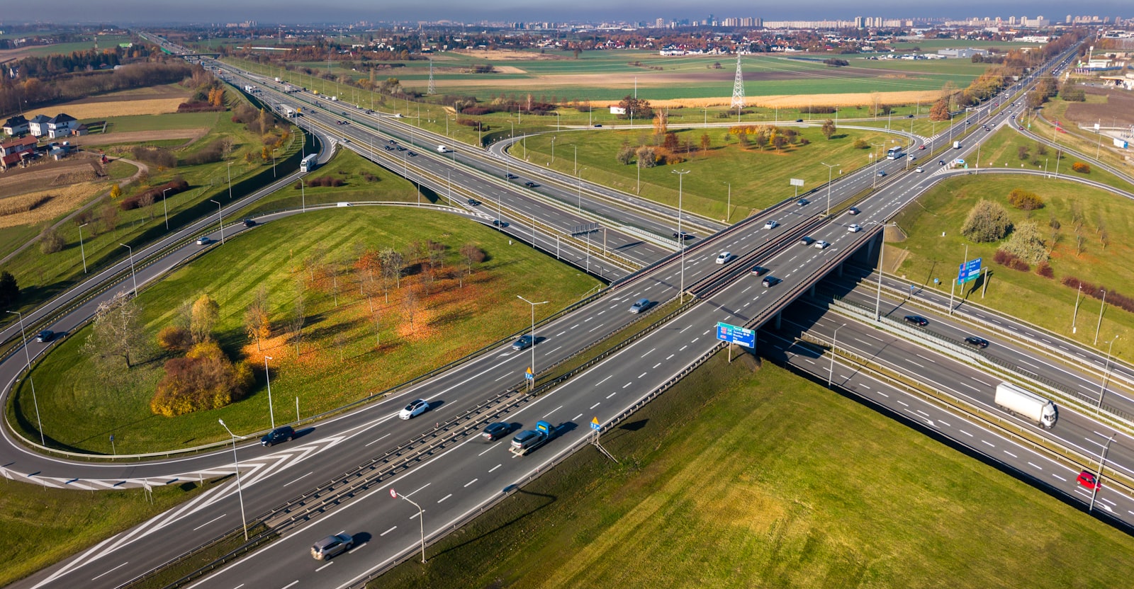 Aerial view of a congested highway interchange