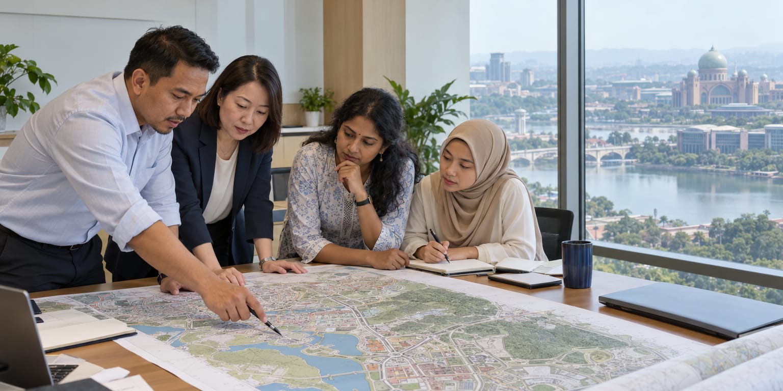 A mixed team reviewing a printed town map in a government meeting room