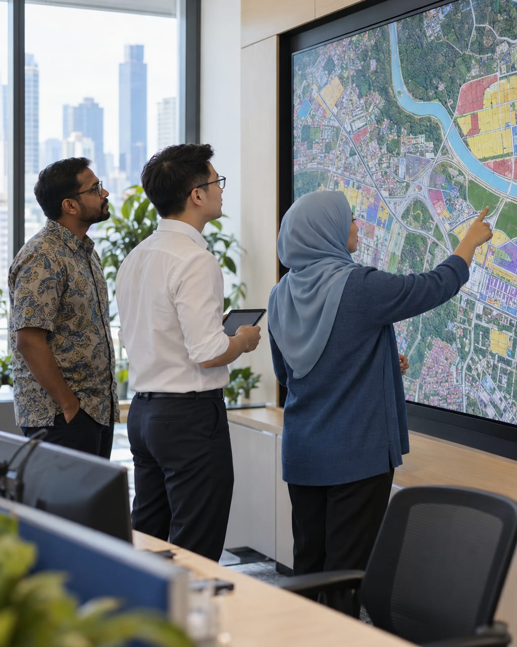 Council staff studying a city map on a large wall display in an operations room