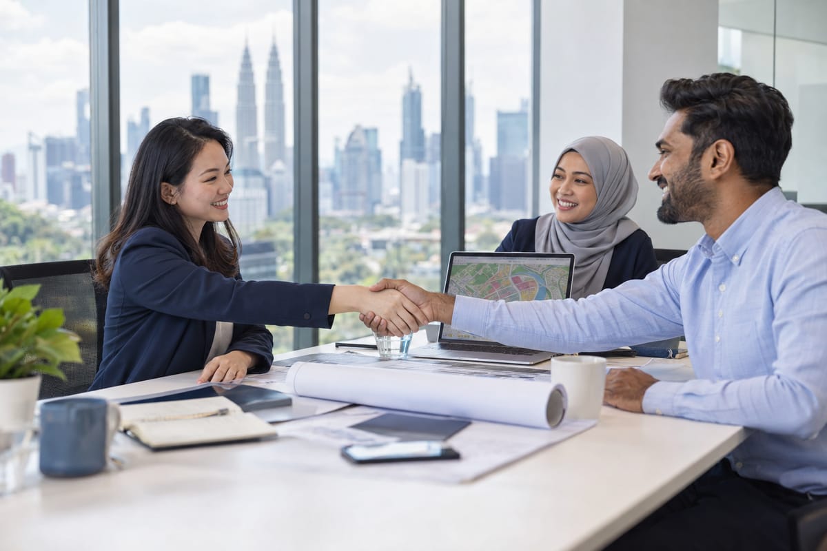 Partners shaking hands over a laptop showing a map in a Kuala Lumpur office