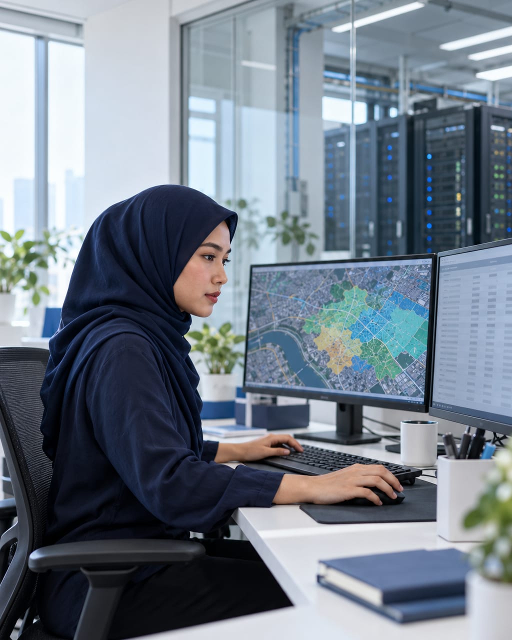 A data engineer managing map layers at her workstation