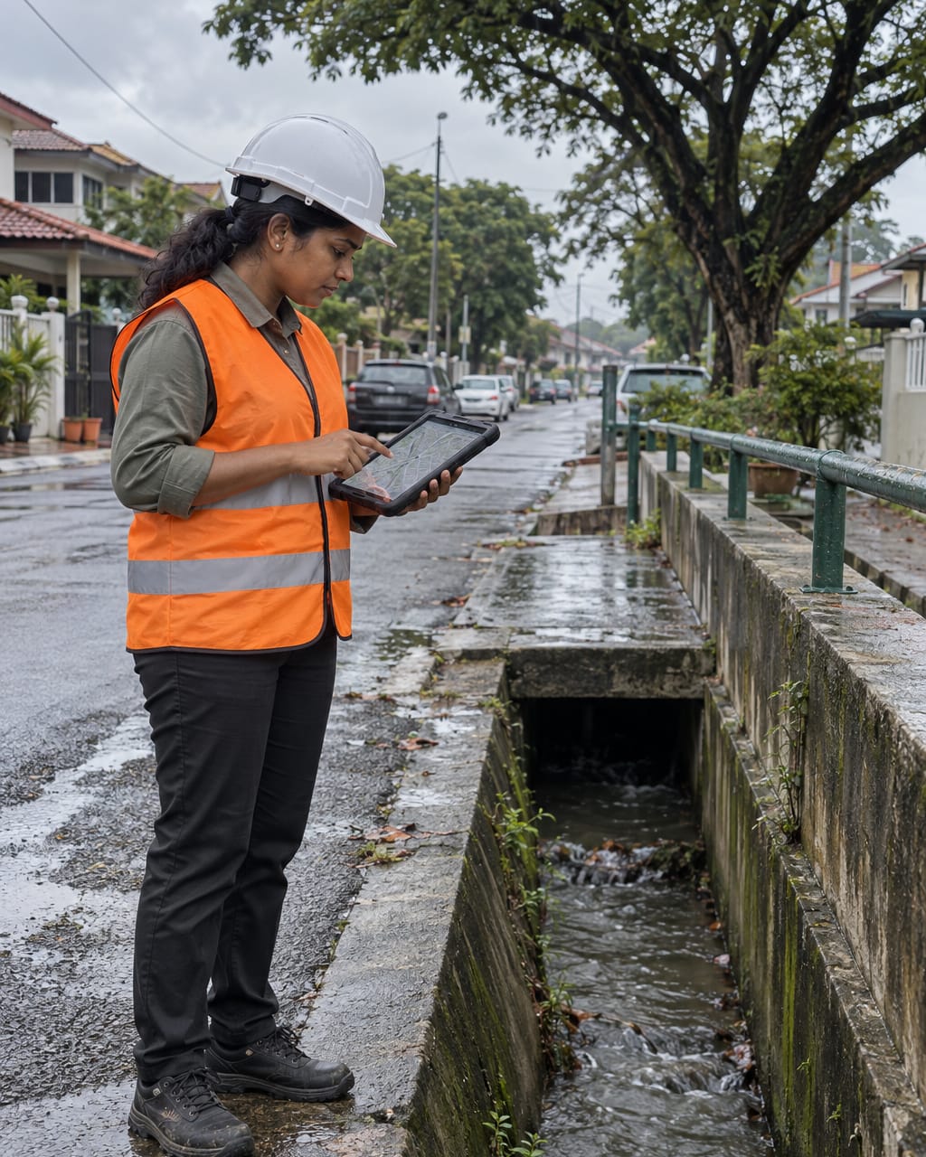 A field officer recording a drain inspection on a tablet