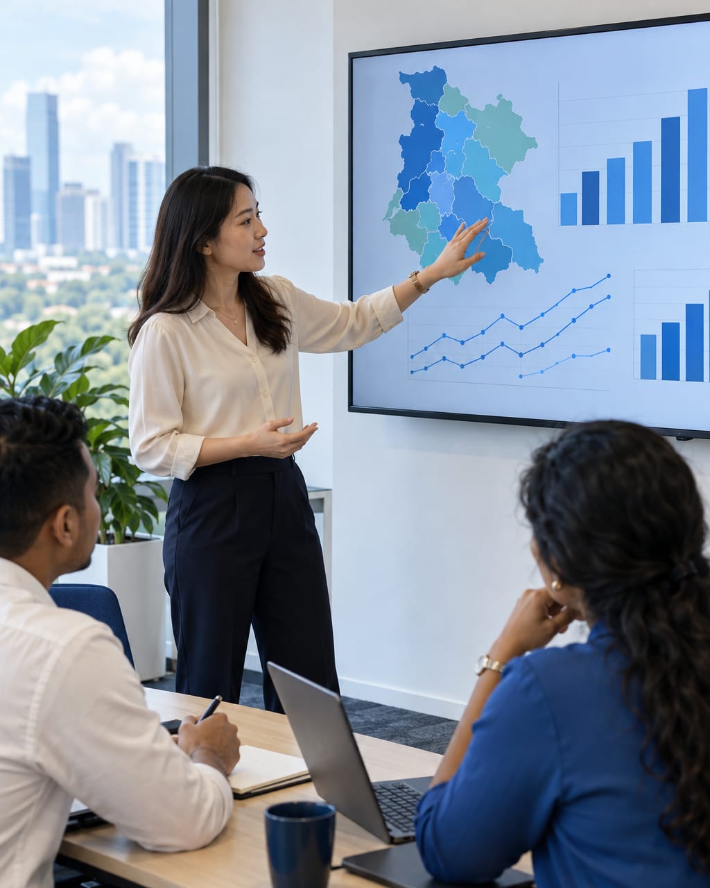 An analyst presenting a map dashboard to colleagues
