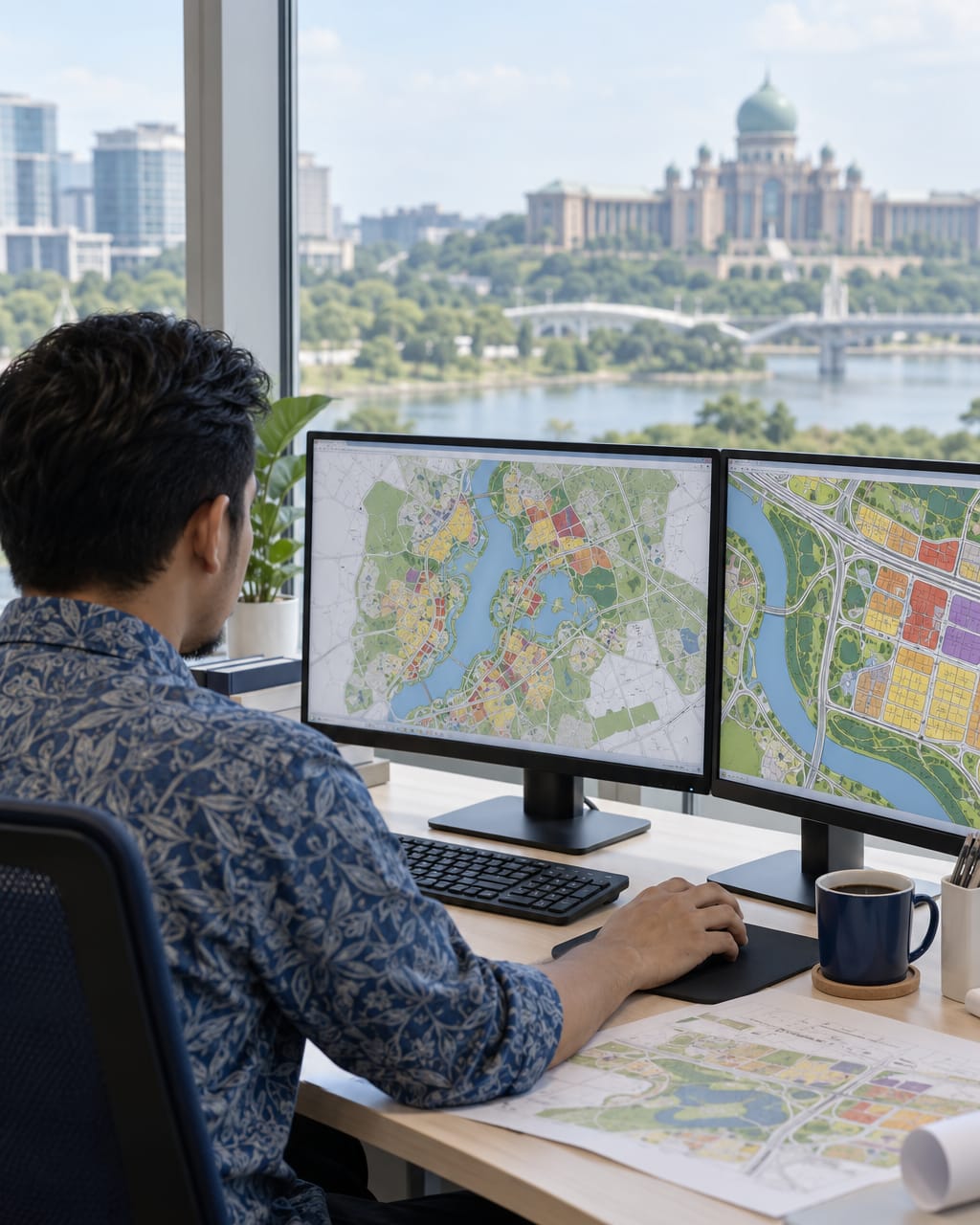 A planner working on a zoning map across two monitors