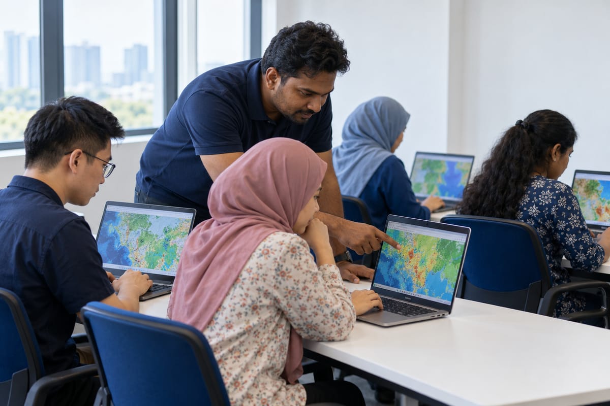 An instructor helping participants during a mapping course
