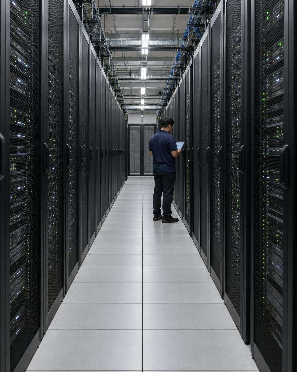 An engineer checking server racks in a data centre aisle